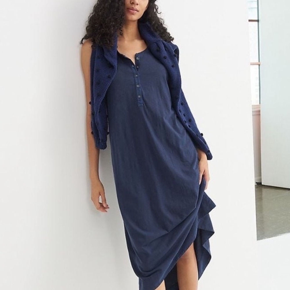 Anthropologie Saturday Sunday Pilar Henley Midi Dress Medium Navy Blue